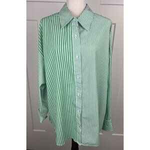 Cabi Dad Shirt Jacket Green White Mixed Stripe Tunic Length Relaxed #6292 Sz XL